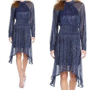 Foxiedox Tazanna Shimmer Stripe Long Sleeve Party Dress Metallic Blue Sz Small